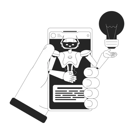 Virtual Agent Smartphone Black And White 2 D Illustration Concept Robotic Process Automation Cartoon Outline Character Hand Isolated On White Customer Service Chatbot Metaphor Monochrome Vector Art Illustration