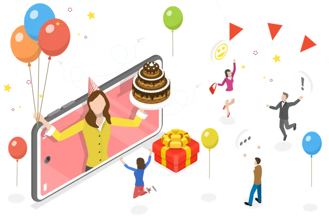 3 D Isometric Flat Vector Conceptual Illustration Of Virtual Birthday Party Online Celebration Event With Friends Illustration