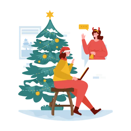 A Woman Wishes Merry Christmas Through Online Video Call Illustration Illustration