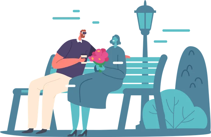 Young Couple In Vr Goggles Sitting On Bench In City Park Romantic Relations In Virtual Reality Love In Metaverse Man And Woman Spend Time Together In Cyberspace Cartoon Vector Illustration Illustration