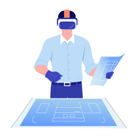 Virtual engineer works on blueprint  Illustration