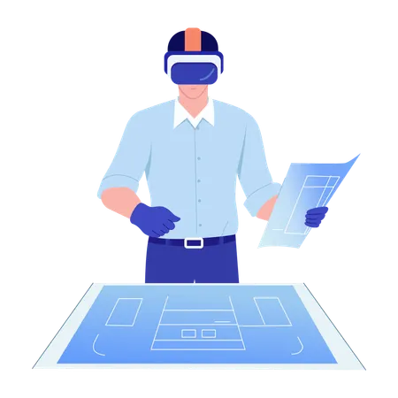 Virtual engineer works on blueprint  Illustration