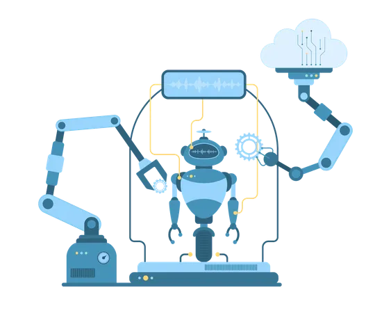 Automation Of Robot Production Vector Illustration Cartoon Futuristic Automated Arms Build Model Of Robot In Virtual Factory Assembly Of Electronic Equipment With Smart Modern Service And Machinery Illustration