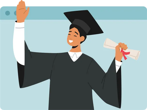 Virtual Graduation Ceremony Showcasing Male Graduate Character Holding His Diploma On Laptop Screen Celebrating Academic Achievements With Friends And Family Remotely Cartoon Vector Illustration Illustration