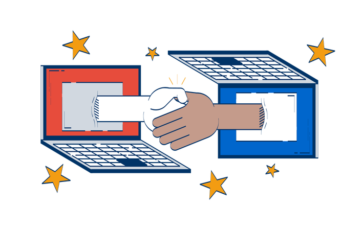 Virtual handshake connecting two laptops  Illustration