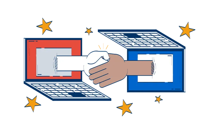 Virtual handshake connecting two laptops  Illustration