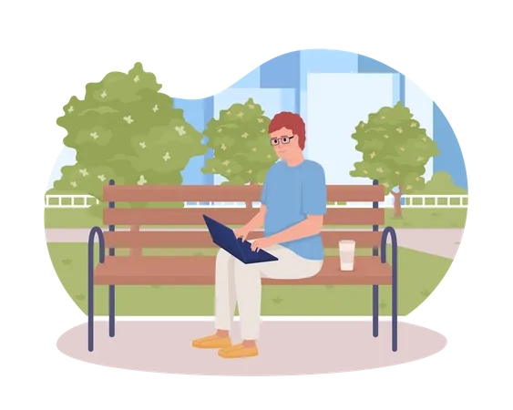 Virtual Job 2 D Vector Isolated Illustration Male Freelancer Working With Laptop On Bench In Park Flat Character On Cartoon Background Colorful Editable Scene For Mobile Website Presentation Illustration