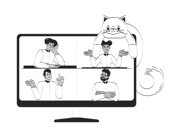 コンピューターの前に座って遊ぶ遊び心のある猫とのバーチャルミーティング  イラスト