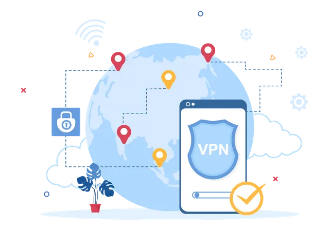 VPN Or Virtual Private Network Service Cartoon Vector Illustration To Protect Cyber Security And Secure His Personal Data In Smartphone Or Computer 일러스트레이션