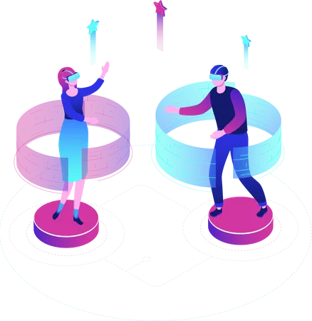 Virtual Reality Modern Colorful Isometric Vector Illustration On White Background High Quality Composition With Male Female Characters Boy And Girl Wearing Vr Headsets Technology Concept Illustration