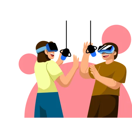 Illustrates A Podcast Session Focused On Virtual Reality Gaming With Hosts Interacting Via VR Headsets Showcasing The Latest In Gaming Technology Illustration