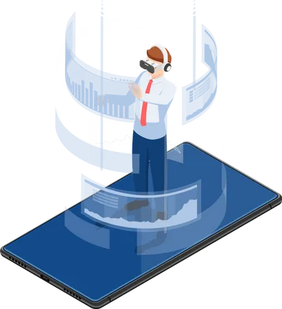 Flat 3 D Isometric Businessman Wearing Virtual Reality Headset And Standing On Smartphone Augmented And Virtual Reality Technology Concept Illustration