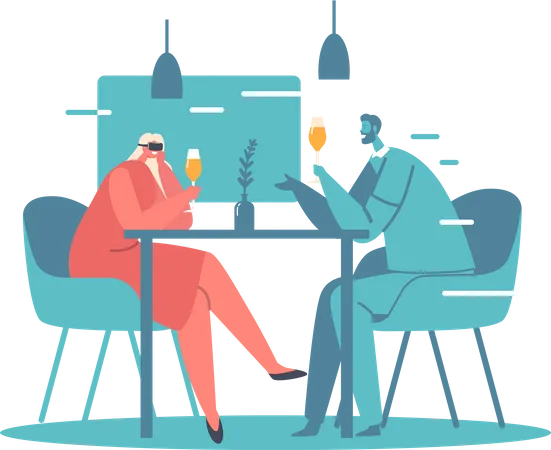 Virtual Romantic Relations Dating Happy Loving Couple Of Male And Female Characters Wear Goggles Date In Restaurant Young Man And Woman Holding Wineglasses In Hands Cartoon Vector Illustration Illustration