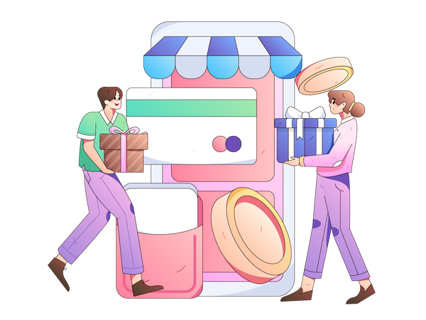 Virtual shopping done by couple  Illustration