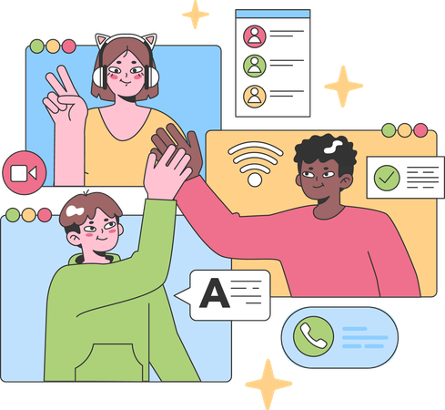 Virtual team engaging through online platforms  일러스트레이션
