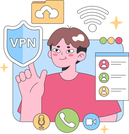 Virtual team member showcases secure VPN  Illustration