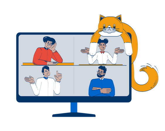 Virtuelles Treffen mit verspielter Katze, die am Computer faulenzt  Illustration