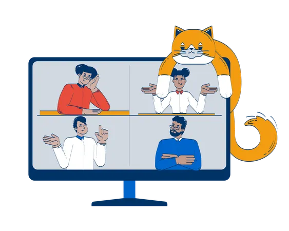 Virtuelles Treffen mit verspielter Katze, die am Computer faulenzt  Illustration