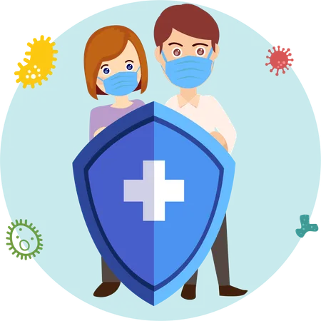 Virus Germs And Bacteria Protection Healthy Immune System Adult Man And Woman Protected From Viruses And Bacterias By Immunity Shield Vector Iilustration Set Person Resistant And Prevention Disease Illustration