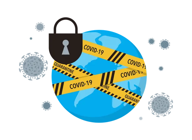 Virus lockdown barrier tape over a world  Illustration