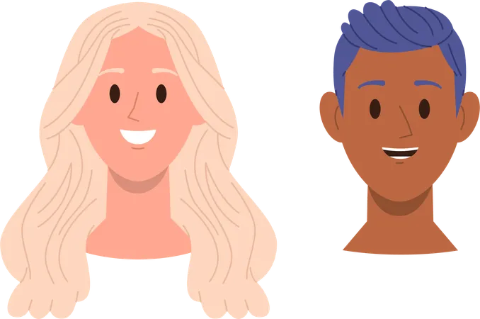 Heureux visage souriant d'homme et de femme avec des cheveux sains  Illustration