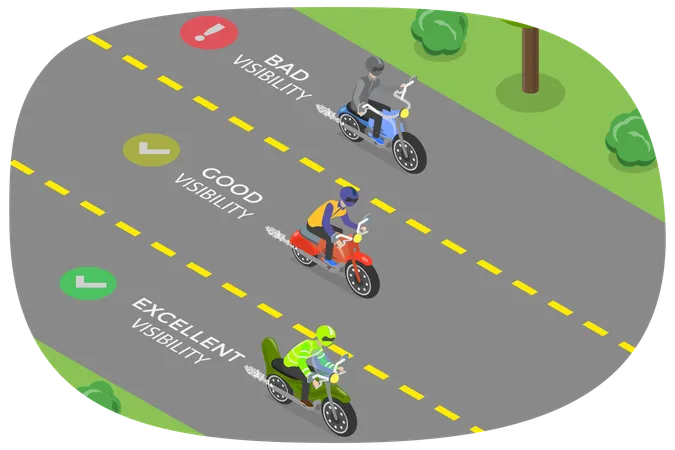 오토바이 라이더의 가시성 안전 팁 및 규칙에 대한 3 D 아이소메트릭 평면 벡터 그림 일러스트레이션