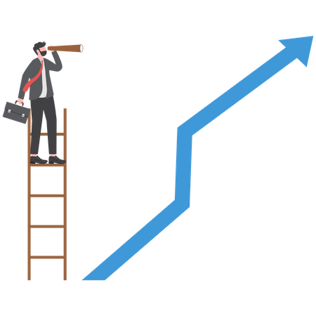 Visión empresarial con binoculares para oportunidades en catalejo con flecha hacia arriba  Ilustración