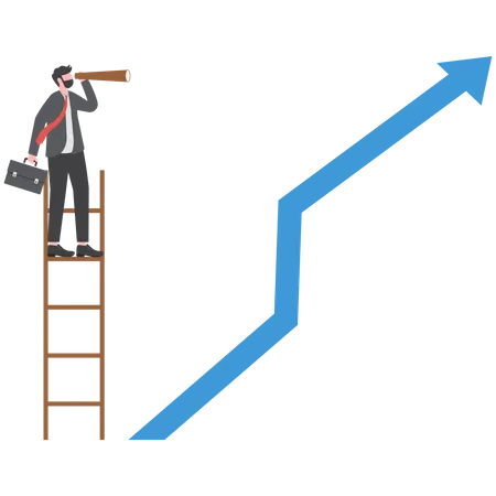 Visión empresarial con binoculares para oportunidades en catalejo con flecha hacia arriba  Ilustración