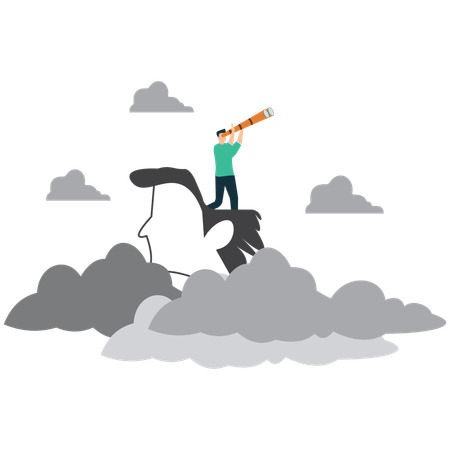 Visionärer Geschäftsmann mit offenem Kopf und Fernglas über Gewitterwolken  Illustration