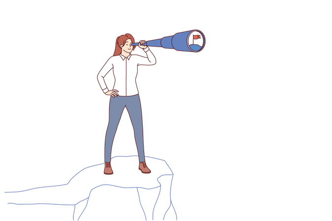 Visionary business woman with strategic thinking stands on top of cliff using spyglass  Illustration