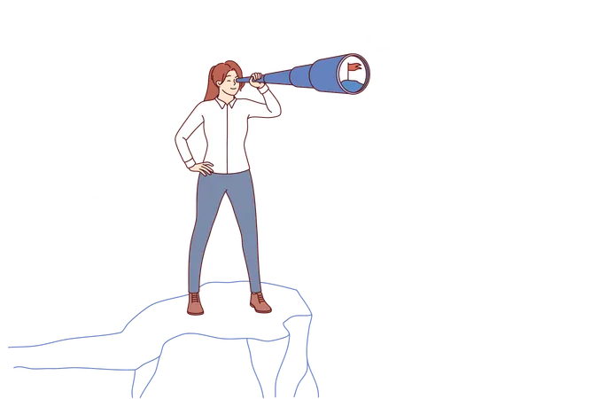 Visionary business woman with strategic thinking stands on top of cliff using spyglass  Illustration