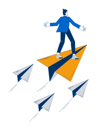 Visionary leader flying forward on paper plane  Illustration
