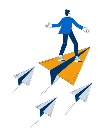 Visionary leader flying forward on paper plane  Illustration