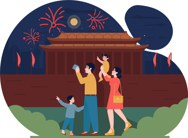 Osservazione della famiglia ai petardi la notte di Capodanno  Illustration