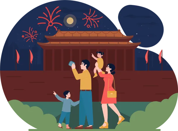 Osservazione della famiglia ai petardi la notte di Capodanno  Illustration