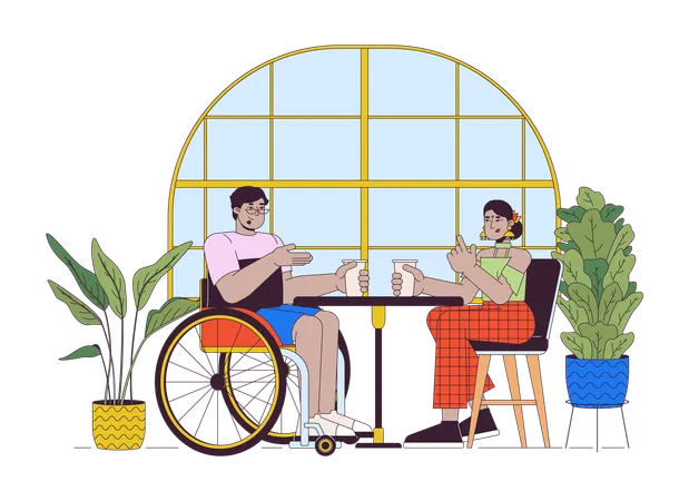 Visit Cafe With Disabled Friend Line Cartoon Flat Illustration Arab Man In Wheelchair And Indian Female 2 D Lineart Characters Isolated On White Background Dinner Scene Vector Color Image Illustration