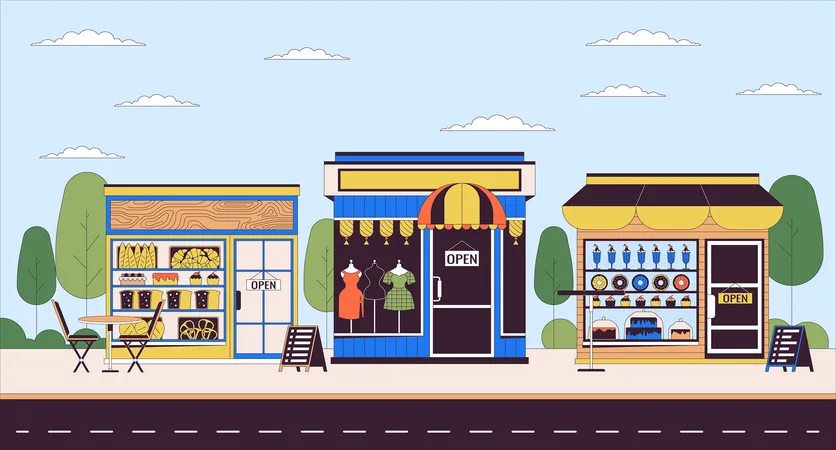 Small Businesses Line Cartoon Flat Illustration Visit Local Shops Various Stores On Street 2 D Lineart Scenery Background Goods And Services From Entrepreneurs Scene Vector Color Image Illustration
