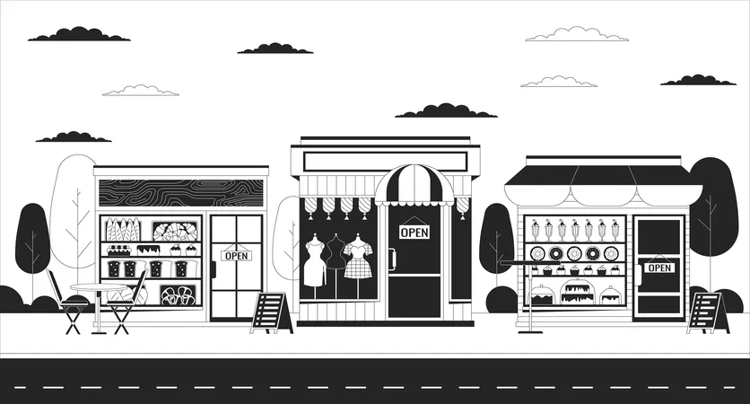 Small Businesses Black And White Line Illustration Visit Local Shops Various Stores On Street 2 D Cityscape Monochrome Background Goods And Services From Entrepreneurs Outline Scene Vector Image Illustration