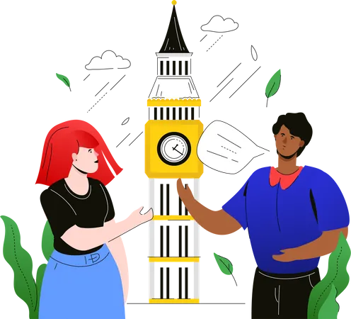 Visit The UK Colorful Flat Design Style Illustration On White Background A Composition With Male Female Tourists Talking With Each Other Standing At Big Ben Traveling And Tourism Concept Illustration