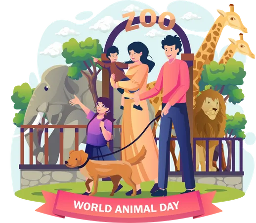 Visita em família ao Zoológico no dia mundial dos animais  Ilustração