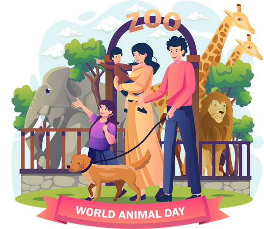 Visita familiar al Zoológico en el día mundial de los animales  Ilustración