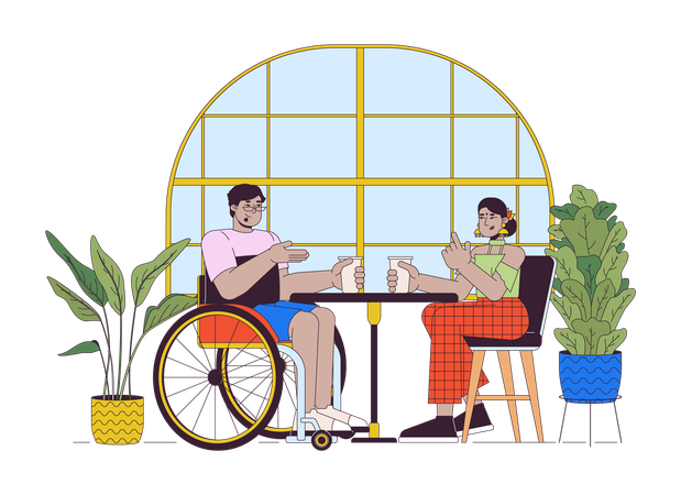 Visitar una cafetería con un amigo discapacitado  Ilustración