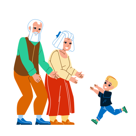 Visite des grands-parents chez la famille des petits-enfants  Illustration