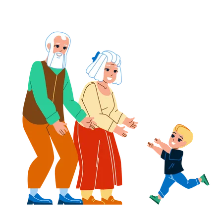 Visite des grands-parents chez la famille des petits-enfants  Illustration