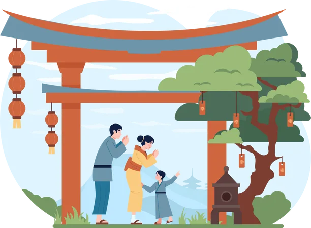 Une famille chinoise visite un temple  Illustration