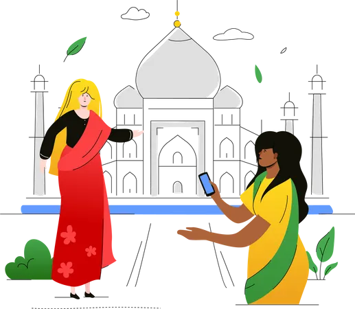 Visite A India Ilustracao Colorida De Estilo De Design Plano Em Fundo Branco Uma Composicao Com Mulheres Indianas Em Roupas Tradicionais Sari Tirando Fotos Do Taj Mahal Conceito De Viagens E Ferias Ilustração