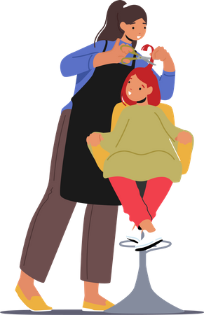 Petite fille visite un salon de beauté avec un coiffeur pour enfants  Illustration