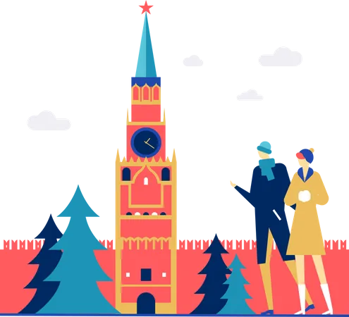 Visite A Russia Ilustracao Colorida De Estilo De Design Plano Em Fundo Branco Uma Composicao Com Casal Turistas Em Agasalhos Observando O Kremlin De Moscou Conceito De Viagens E Ferias Ilustração