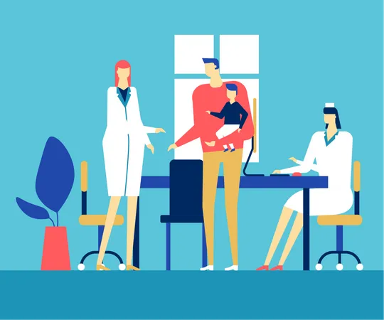 Visiting A Doctor Colorful Flat Design Style Illustration On Blue Background A Composition With A Father Holding A Baby In Arms Talking With A Pediatrician And Nurse Medicine Healthcare Concept Illustration