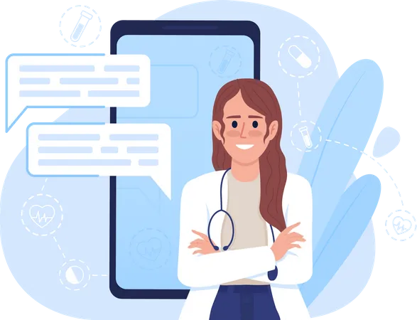 Visiting Doctor Online With Mobile App 2 D Vector Isolated Illustration Positive Therapist Flat Character On Cartoon Background Telehealth Service Colourful Scene For Mobile Website Presentation Illustration